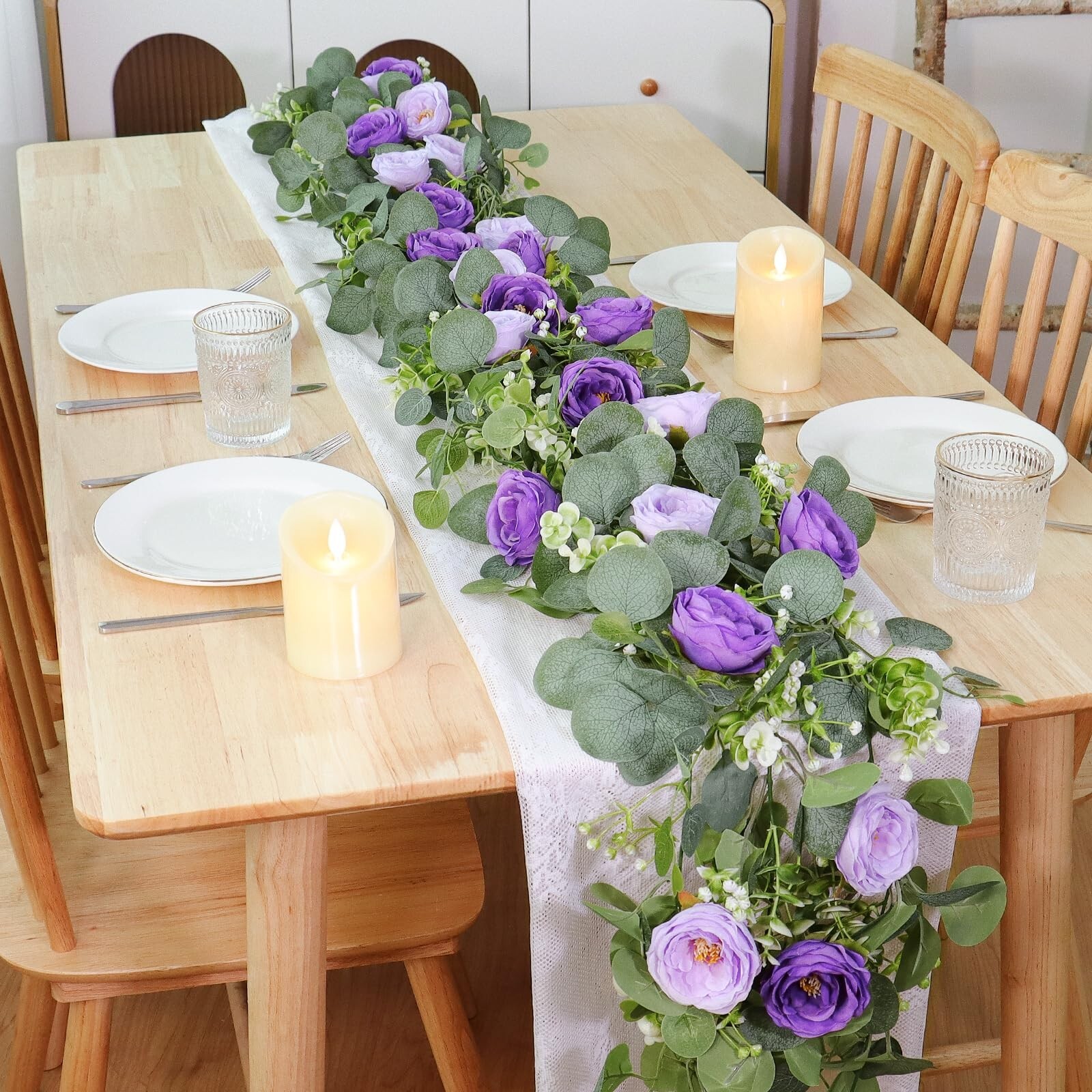 TOCHGREEN 4 Pack Artificial Eucalyptus Flower Garland with Purple Roses, Fake…