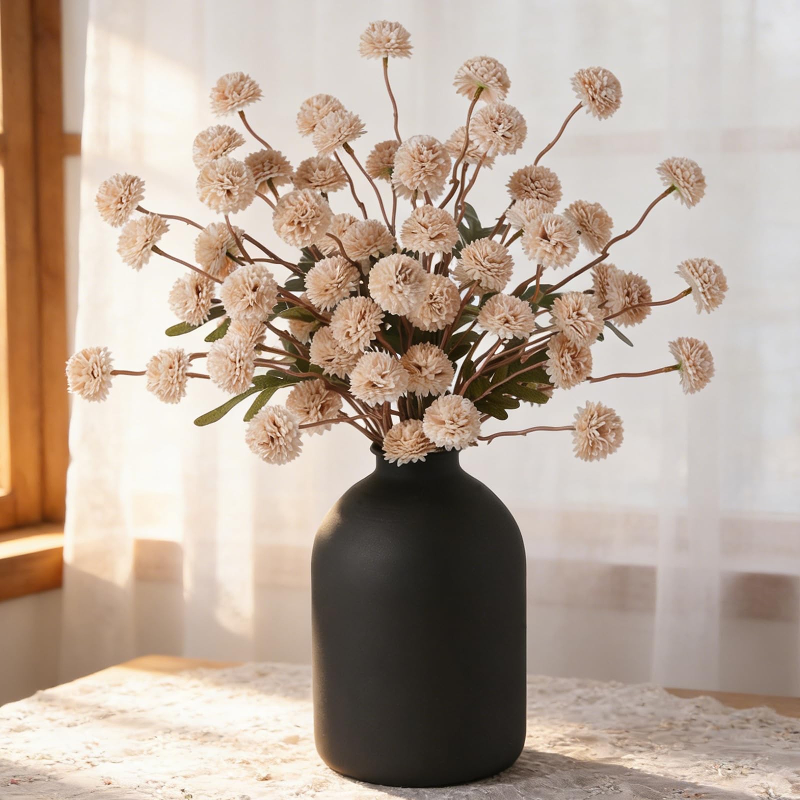 Artificial Pompon Mums Flowers, 12 Long Stems of Faux Kiku Mums, Fake Silk Fl…