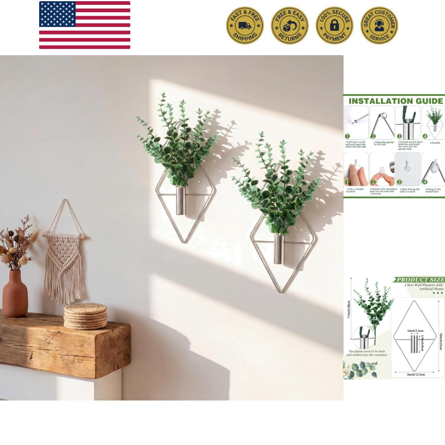 2 Pieces Wall Decor Hanging Planters with Artificial Plants Metal Hanging Vas…