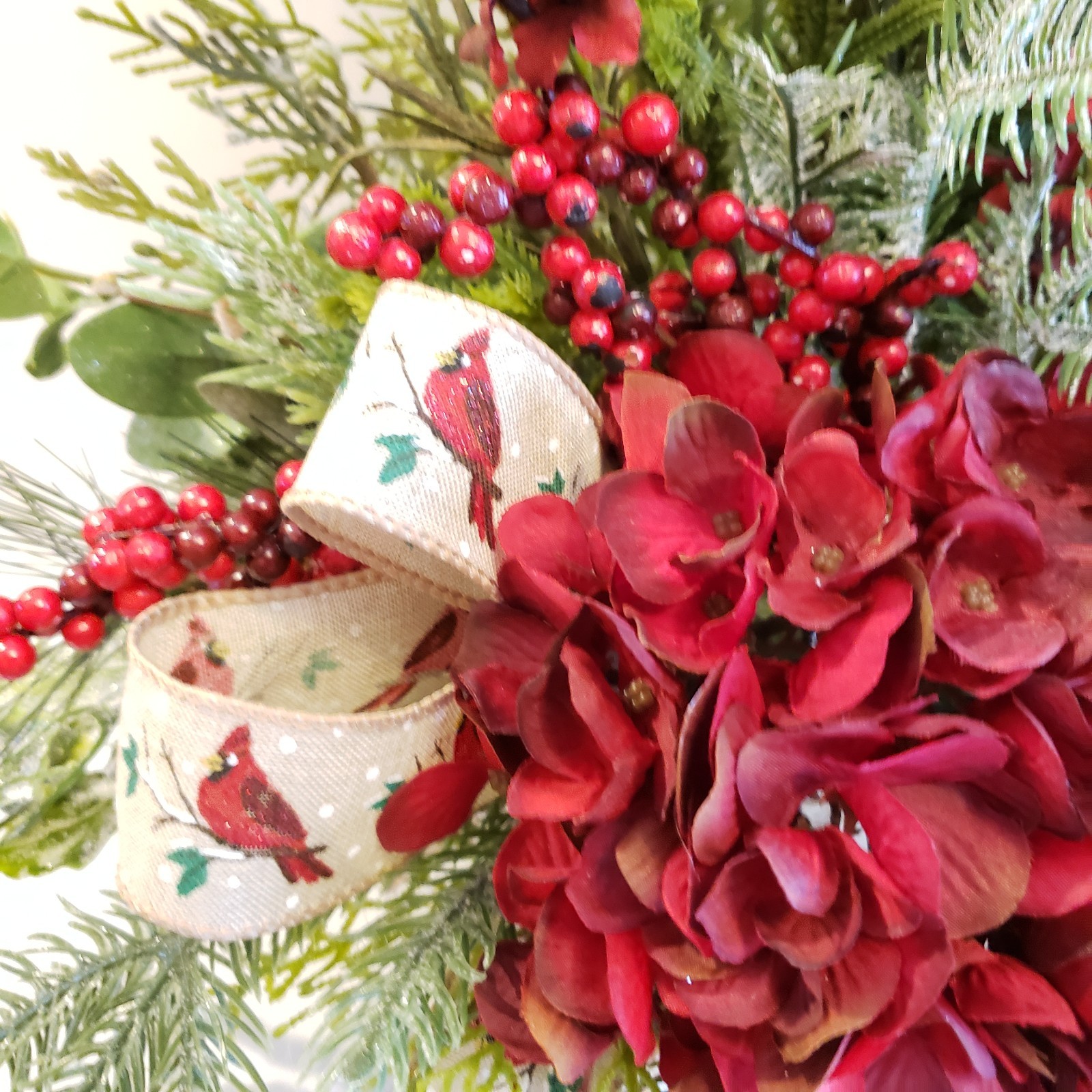 Winter Burgundy Hydrangea Arrangement with Cardinal, Memorial gift