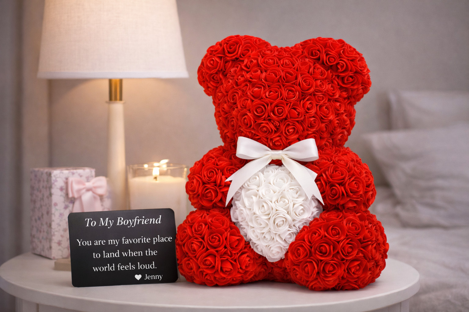 Rose Teddy Bear with Heart – Artificial Flower Bear Gift for Her, Romantic Valen