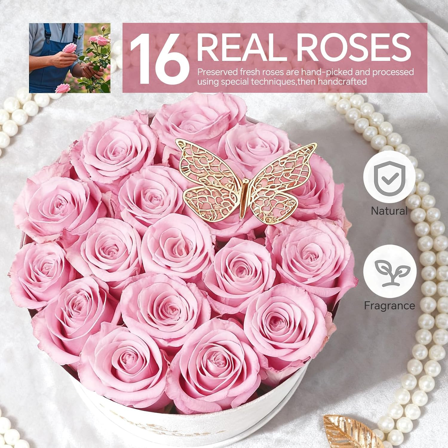 16 Pink Preserved Flowers in round Gift Box, Forever Flowers Eternal Roses for M
