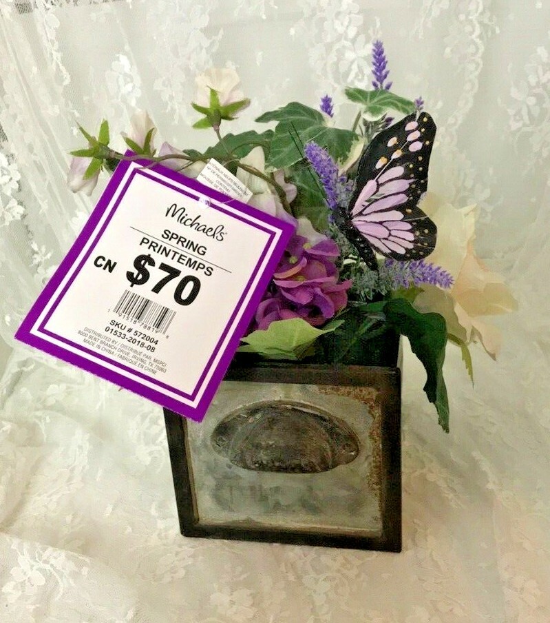 Beautiful Faux Flower Arrangement in Old Metal Drawer Approx 10″ x 8″ x 8″ NWT