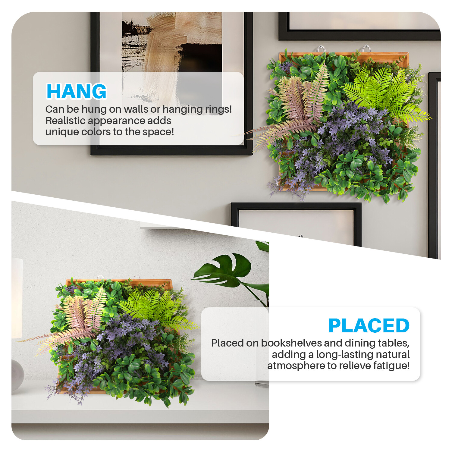 Artificial Plants Green Wall Decor with Square Wooden Frame 13in, Purple