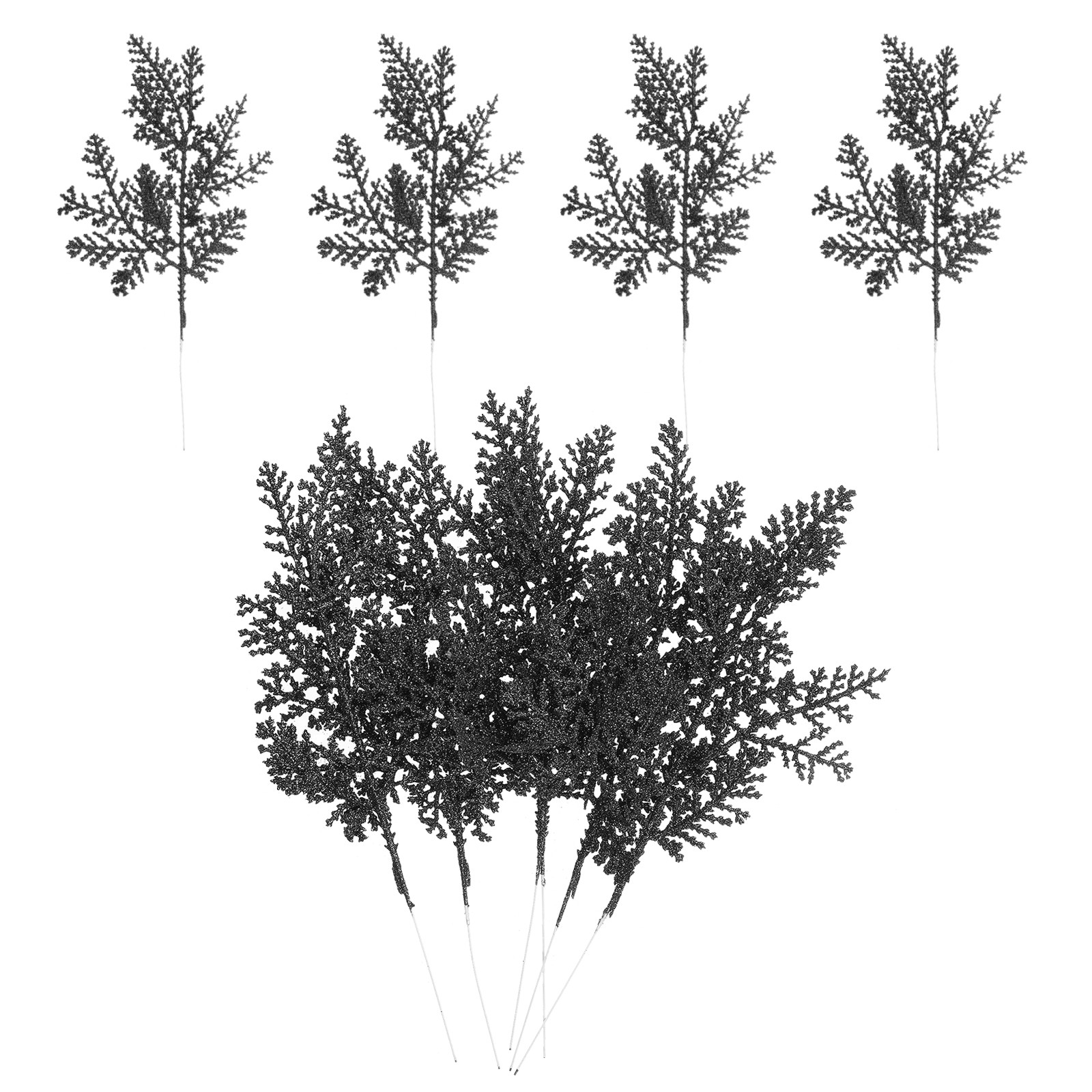 10 Pcs Glitter Artificial Pine Needles, Glitter Pine Stems Black