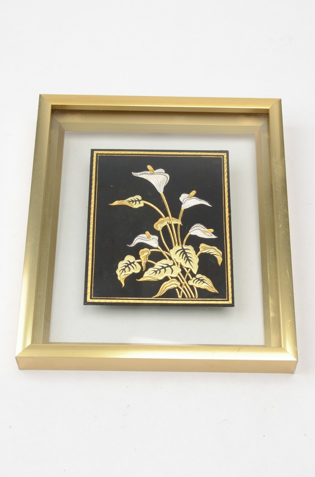 Damascene Floral Calla Lily Decoration 24K Gold Toledo Spain Framed 3.25 x 4 in