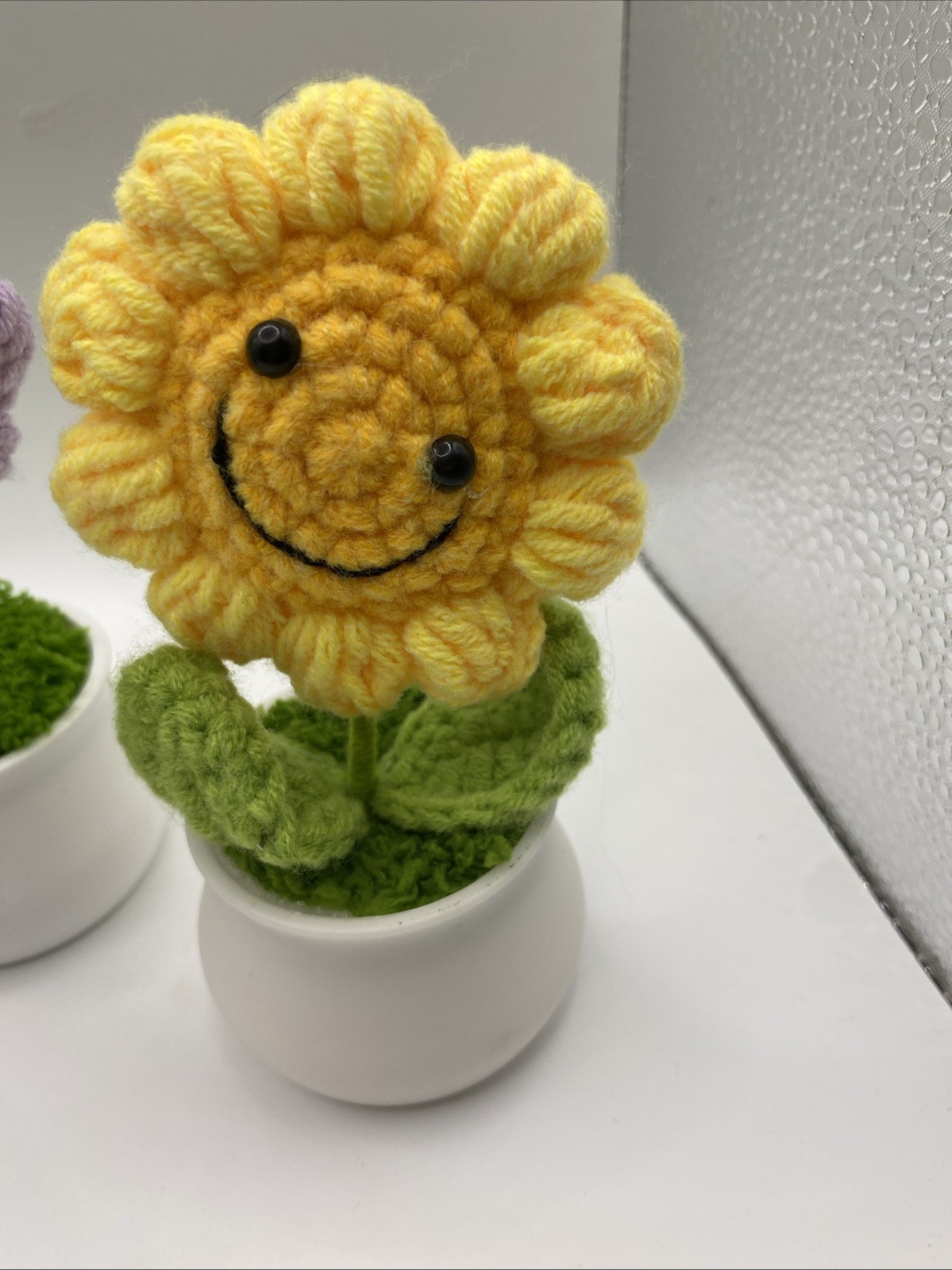 Crochet Knitted Flower In Pot Sunflower, Multi, Purple handmade Gift NEW