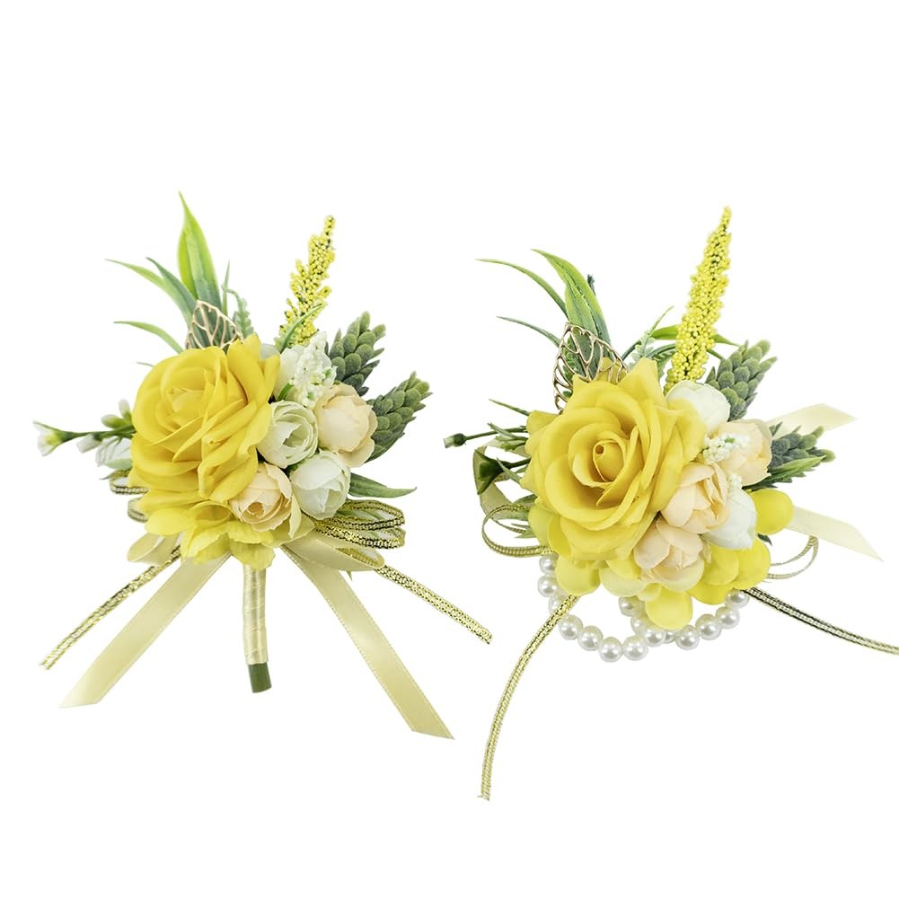 2 Pcs Wrist Corsage and Boutonniere Set, Yellow Corsage for Wedding, Boutonni
