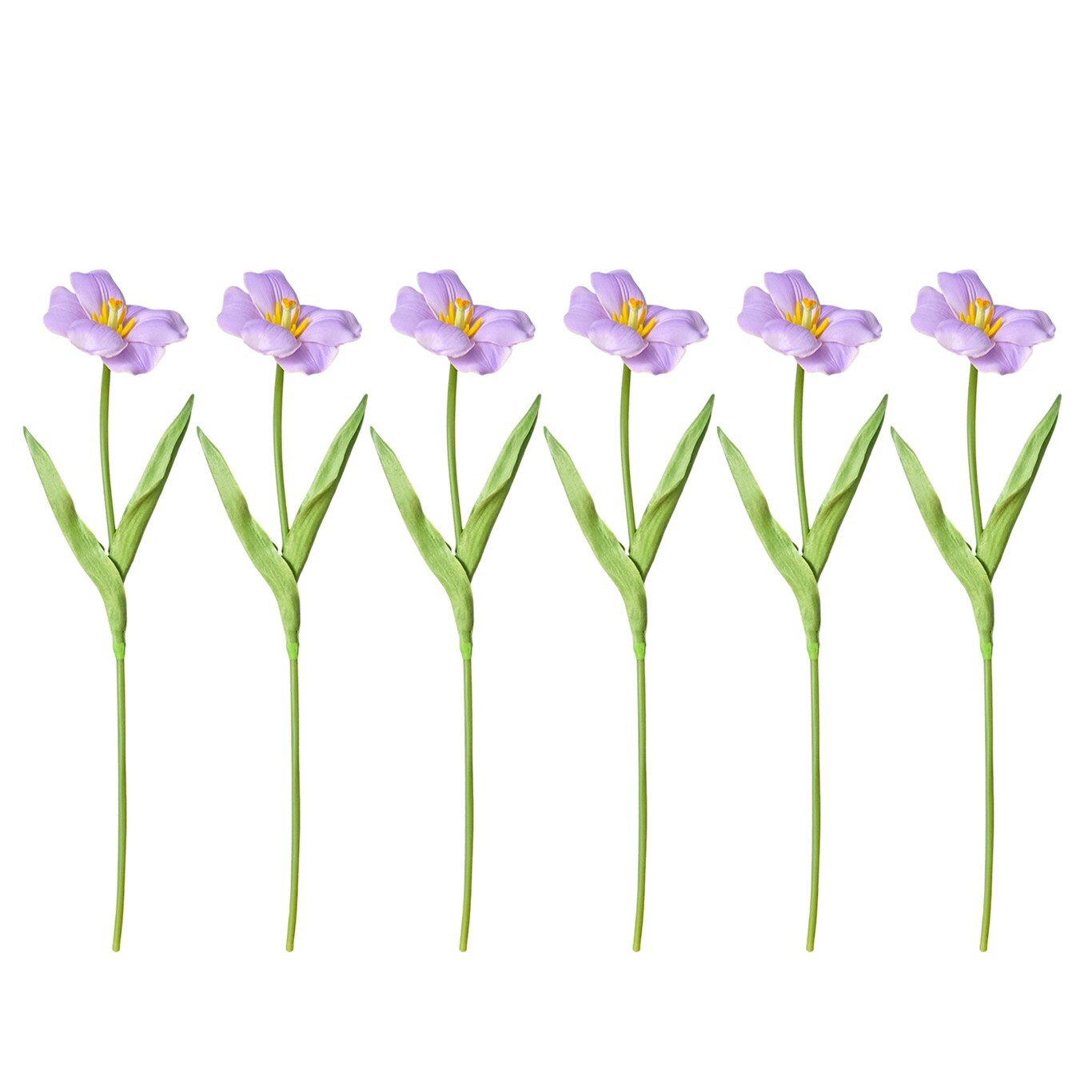 6PCS artificial fully bloomed tulips in pink, purple, and white for home décor.