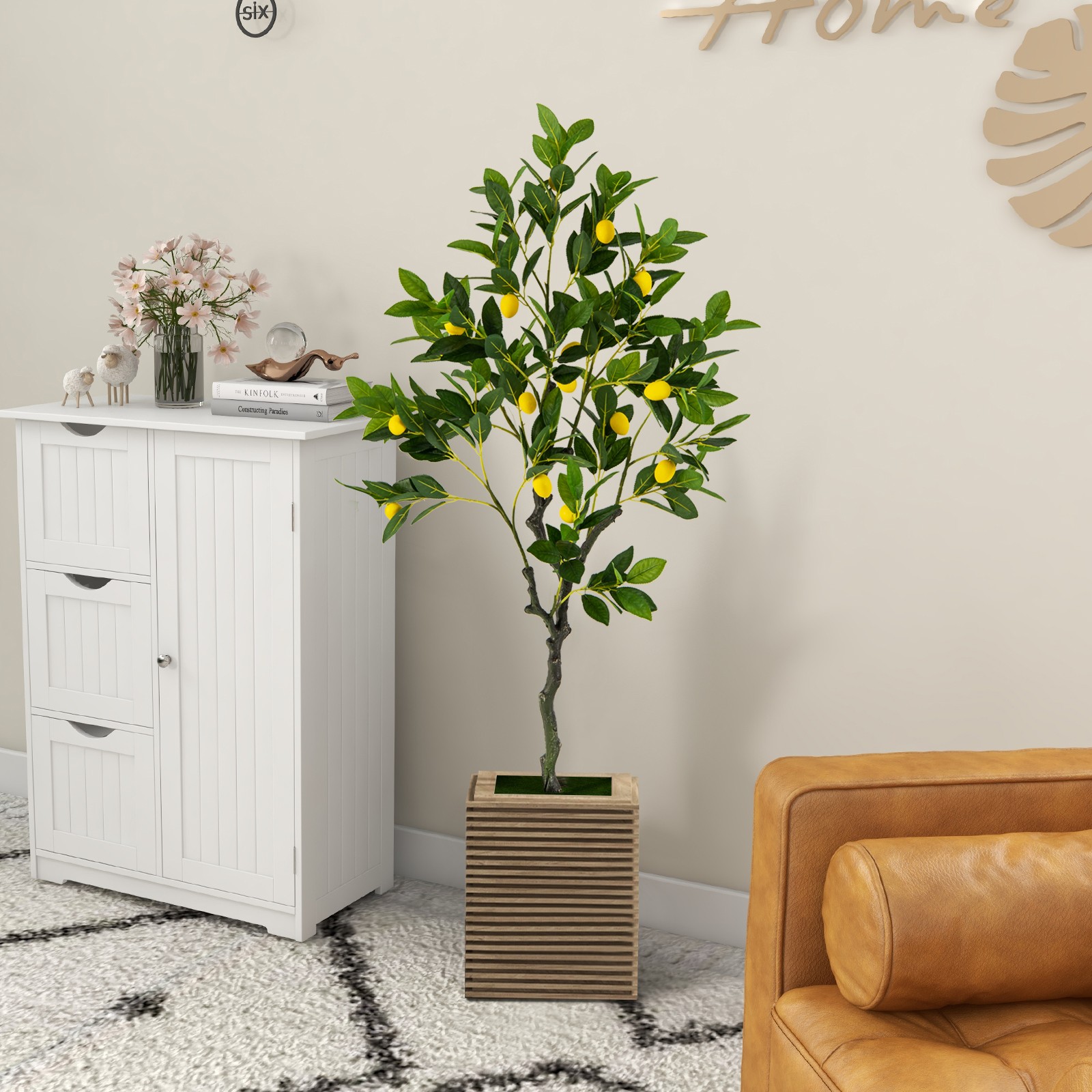 2 PCS 4 FT Tall Artificial Lemon Tree w/ Lemon Fruits, Cement Pot for Office
