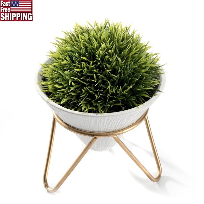 Faux Green Grass Plant in Ceramic Pot W/ Brass Metal Rack Home Office Decor New