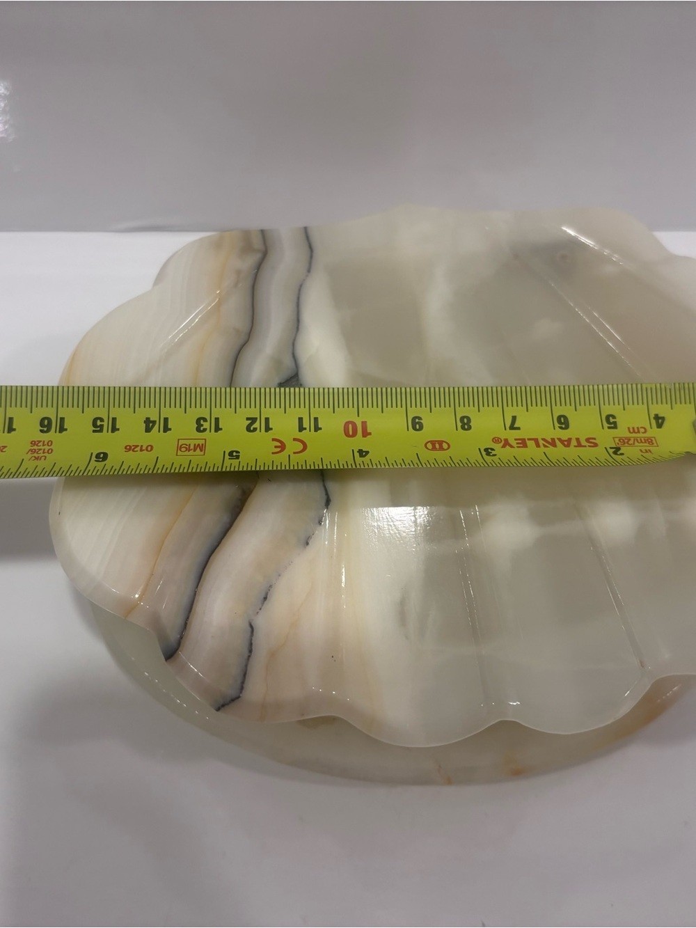 Vintage Banded Onyx Stone Hinged Trinket Jewelry Box Scalloped Lid
