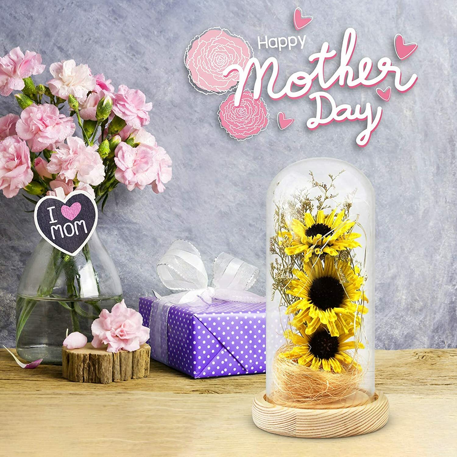 Artificial Sunflower in Glass Dome with Led Light Strip Gifts for Women Mom Girl