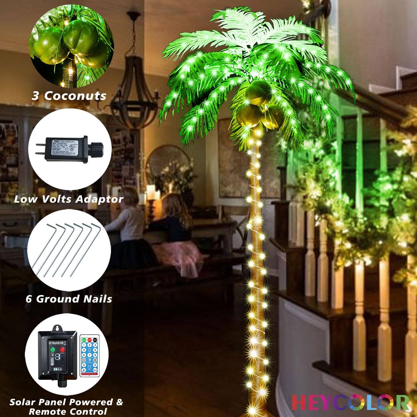 HEYCOLOR 5FT LED Lighted Palm Tree with Coconuts Outdoor Artificial Palm Tree Pr