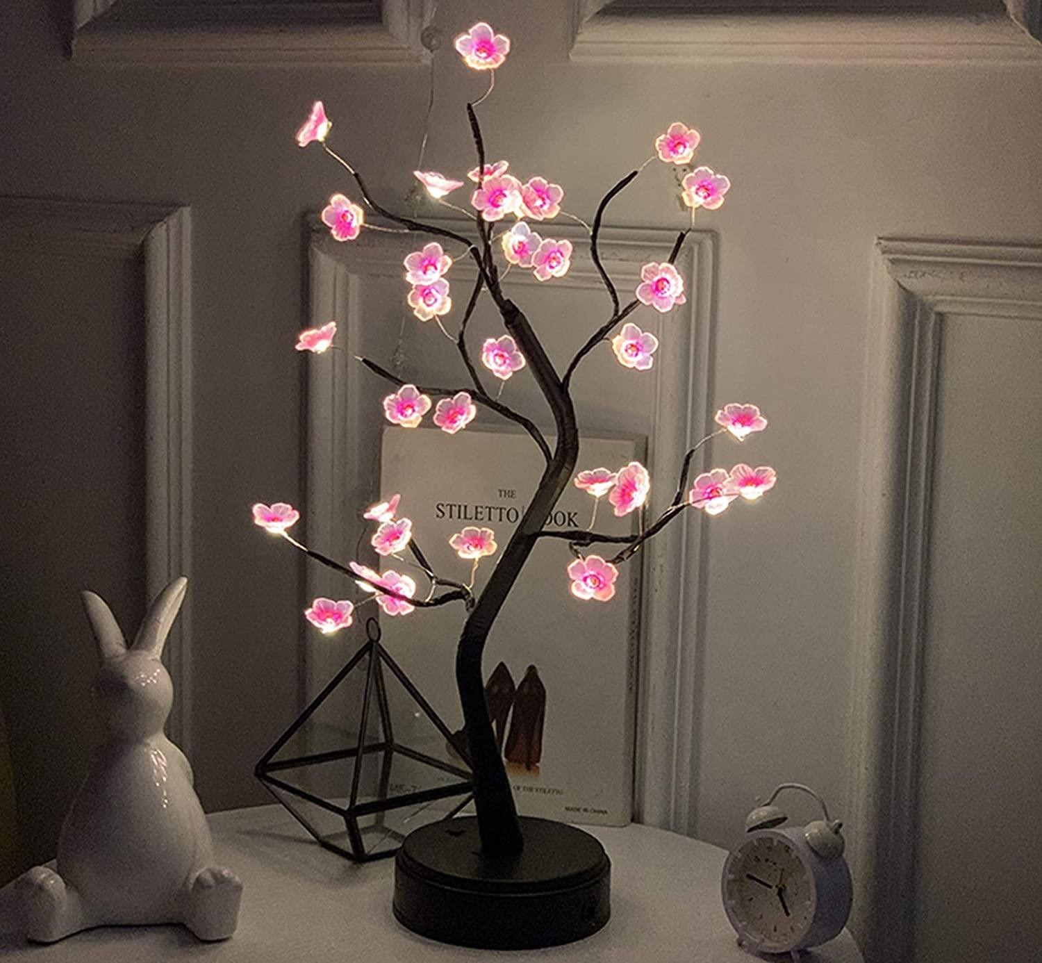 LED Cherry Blossom Bonsai Tree Night Light Touch USB Battery Desk Lamp