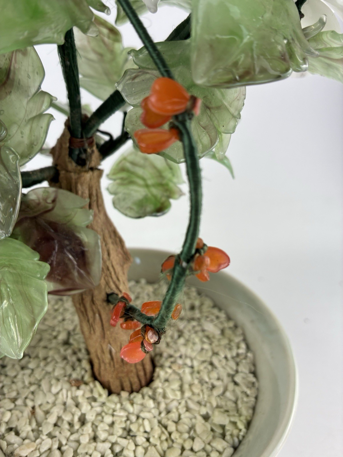 Mid-20th Century Glass Bonsai Flowering Tree ~ Pink & White Flowers 12″