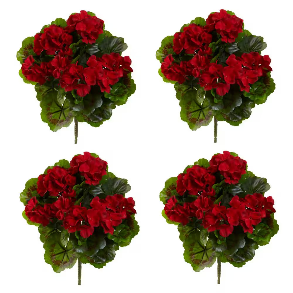 Artificial Geranium Bush Set of 4 UV Resistant Indoor Outdoor Flower Plant Decor