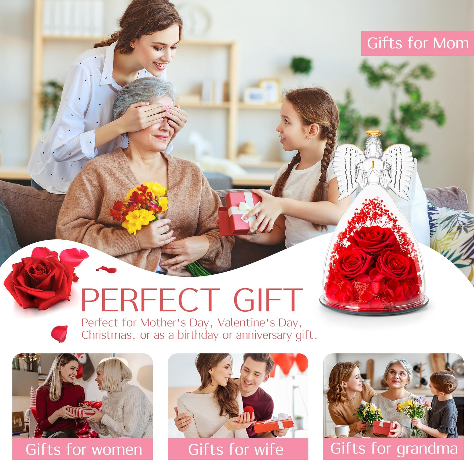 Mothers Day Flowers Gifts Forever Real Roses Angel Figurines Red 1 PC