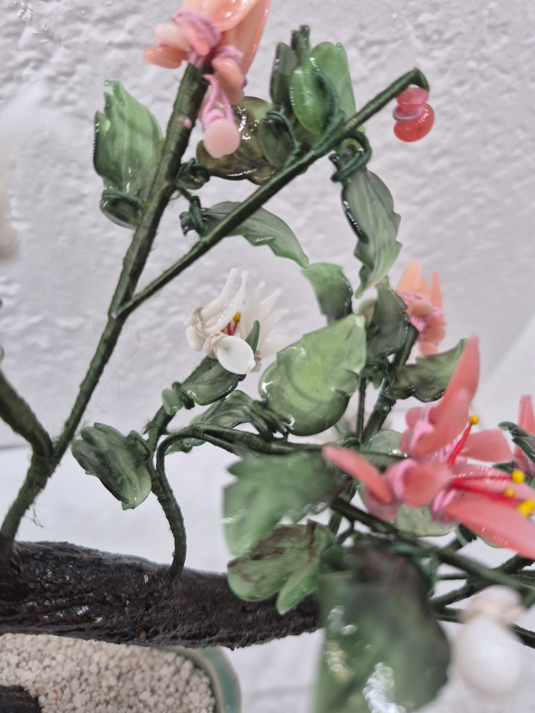 Vintage Chinese Glass Stone Jade Cherry Blossom Bonsai Tree Pink & White Flowers