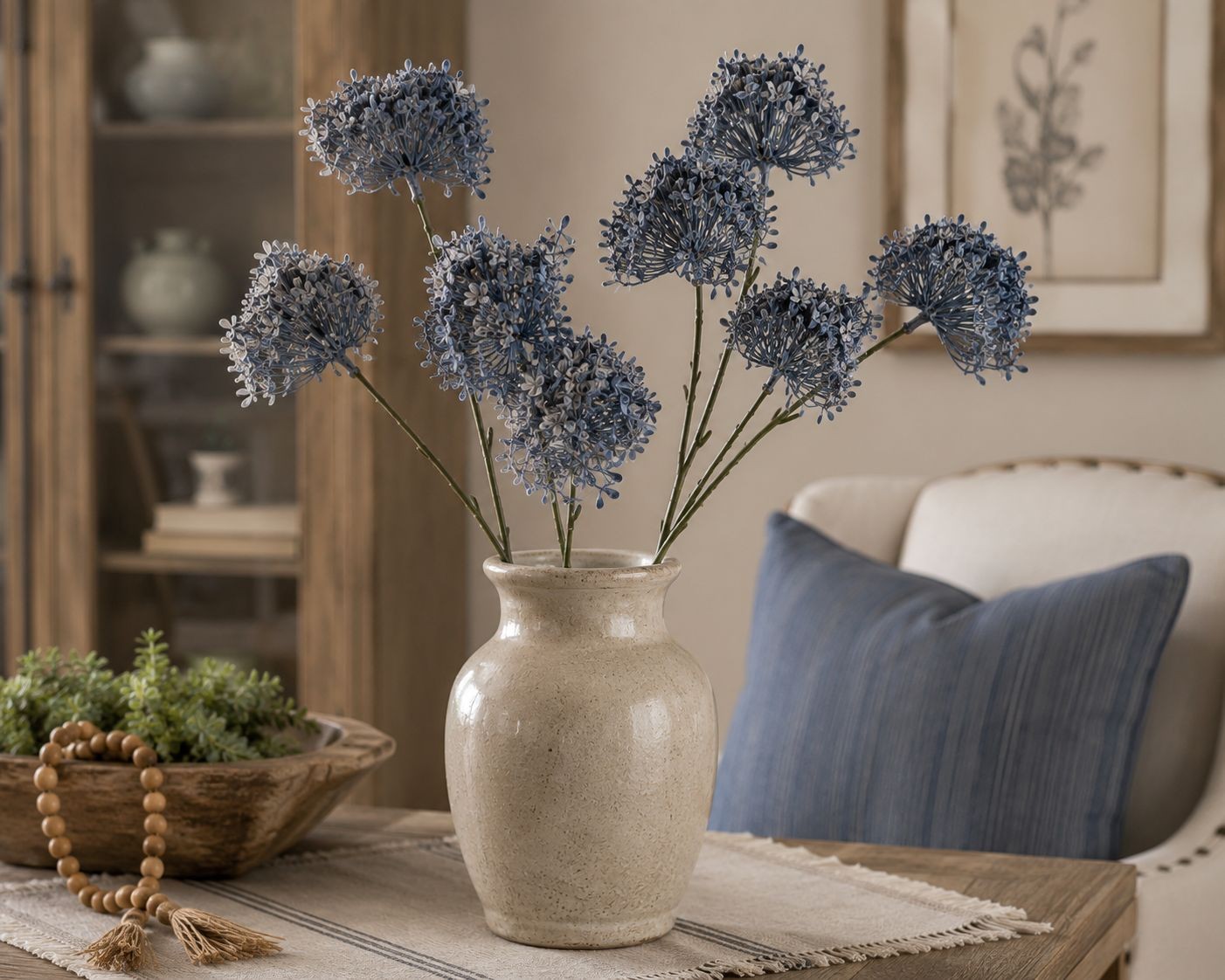 Artificial Blue Allium Flower Stems Set of 2 Dusty French Blue Faux Floral Spray