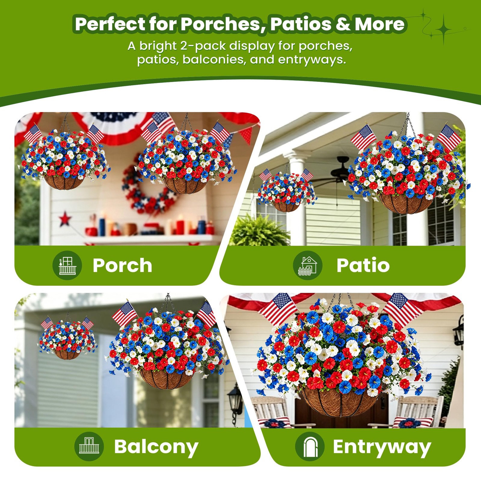Artificial Hanging Flower Baskets, Red, White, and Blue Patriotic Faux Flower…