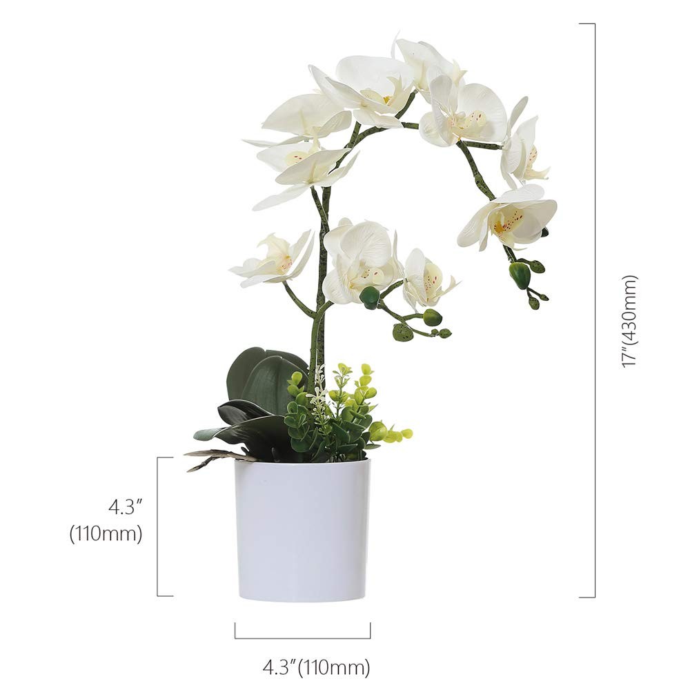 Omygarden White Orchid Artificial Flowers in Pot, Fake Plastic Orchid Flowers, D