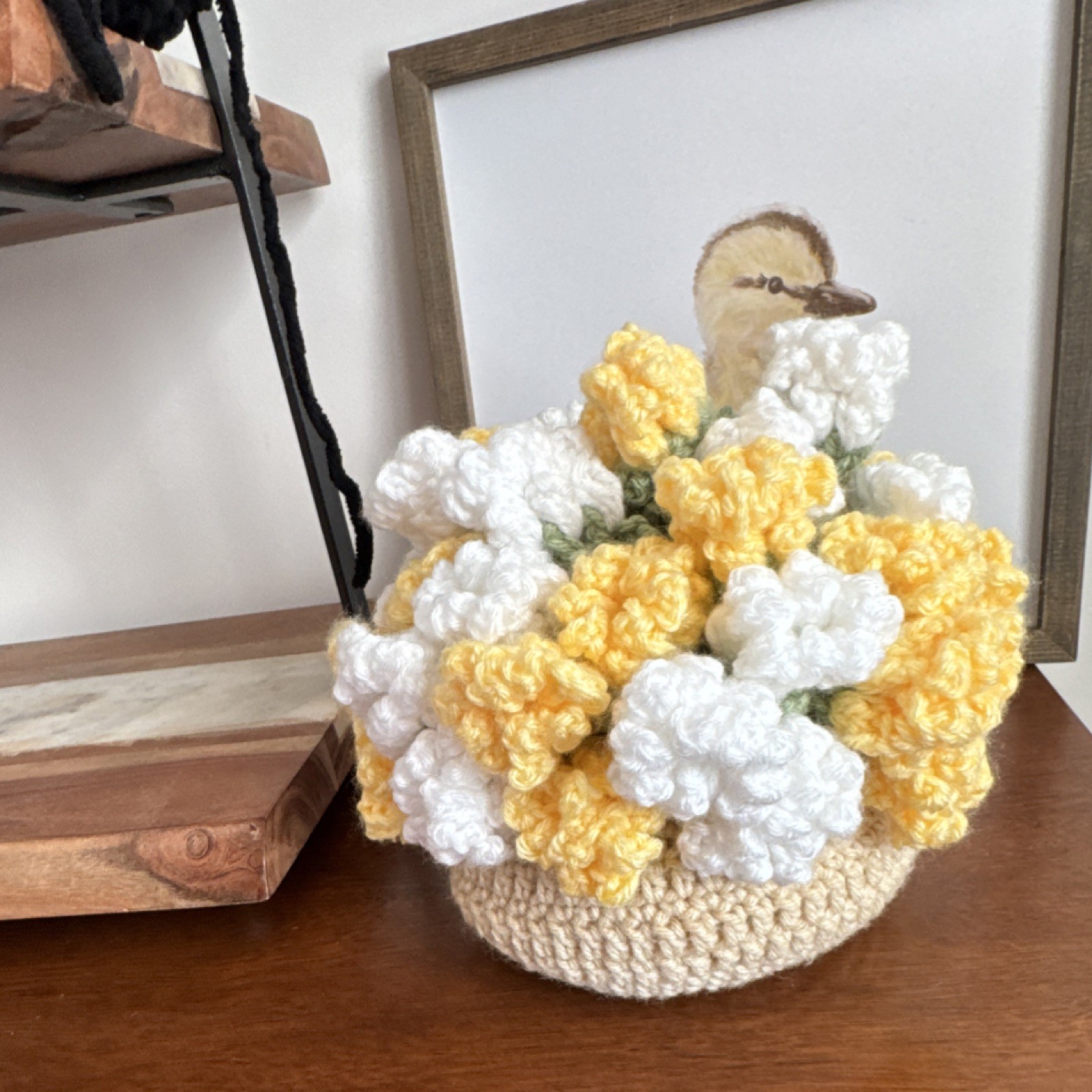 Handmade Crochet Flower Basket Arrangement Yarn Yellow White Green Beige
