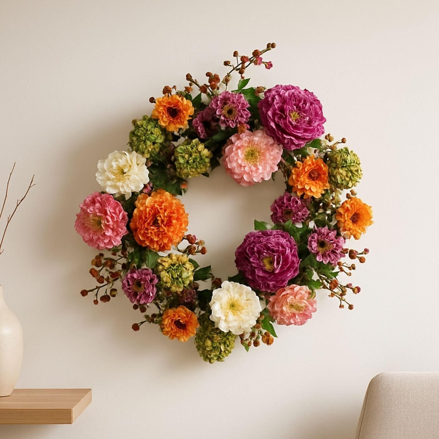 24In Artificial Peony Wreath Multicolor Faux Floral Spring Wreath for Front Door