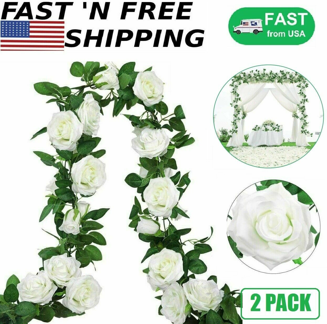 2PC 7.5 Ft Fake Rose Vine Flowers Plants Artificial Hanging Ivy Home Hotel Party