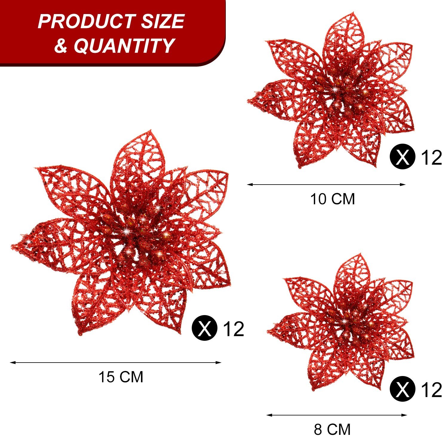36 PCS Artificial Christmas Poinsettia Flowers Glitter Tree Ornaments Decor