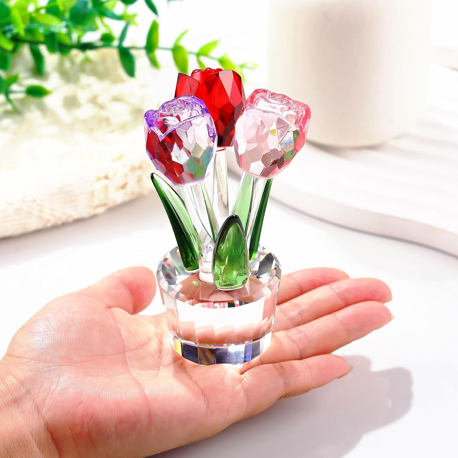 Crystal Rose Figurine 3 Roses Red Purple Pink K9 Crystal Gift Box for Women