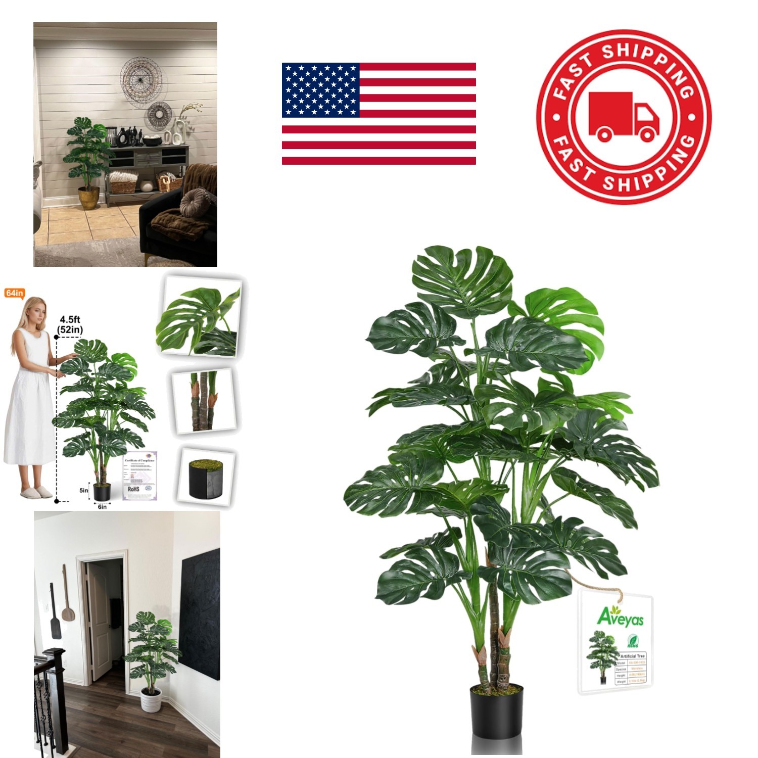 Realistic 4.5ft Monstera Deliciosa Plant with Pot Perfect for Housewarming Gifts