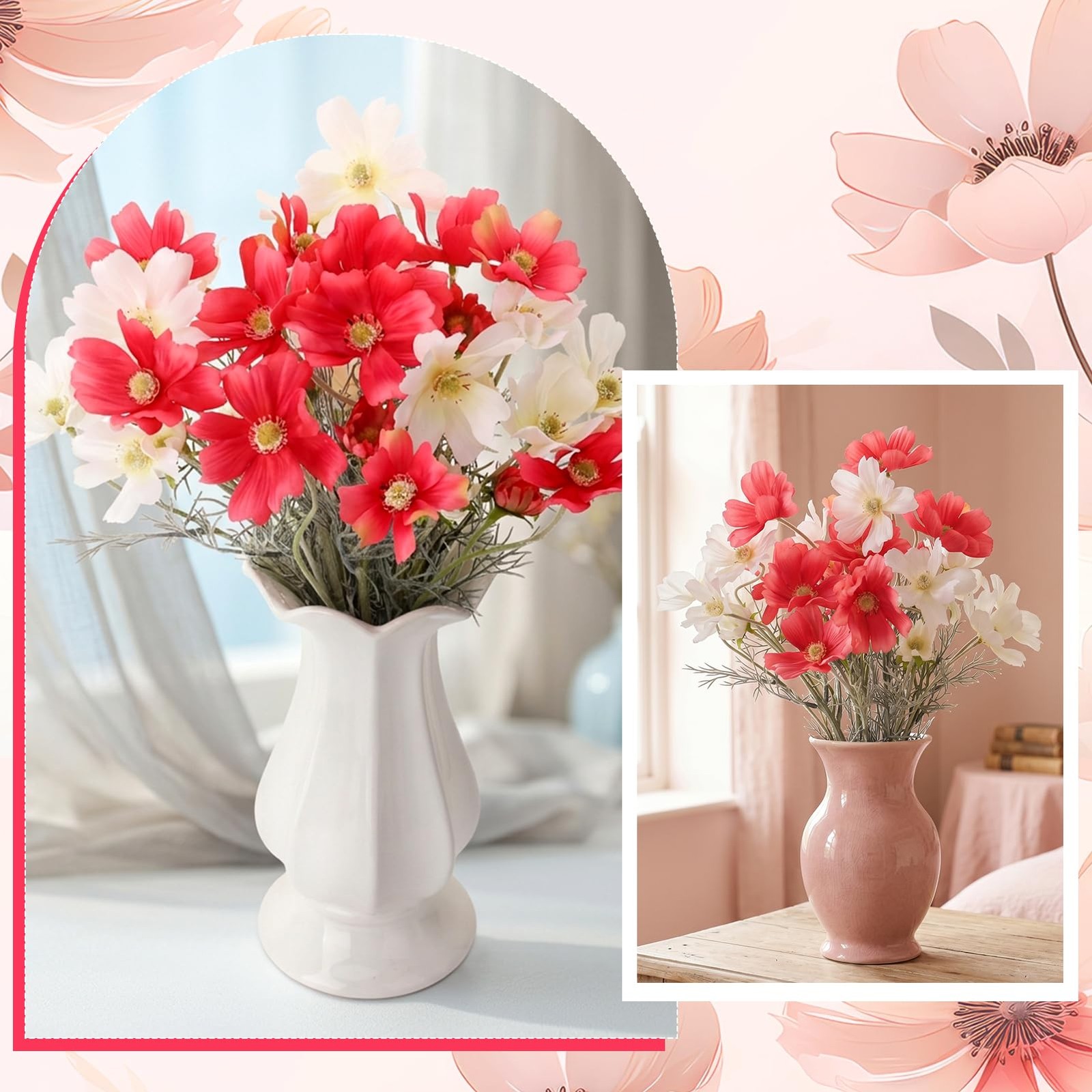 6 Pcs 23.6 Inch Deep Pink White Artificial Flowers Cosmos for Vase,Pink Fake …