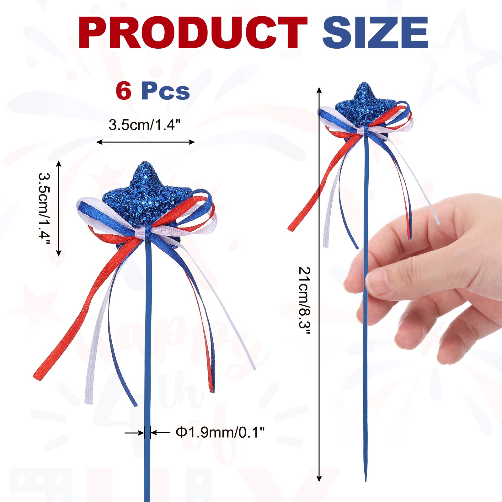 6 Pcs 4th of July Glitter Star Picks 8″ Sparkly Sticks with Bowknot (Navy Blue)