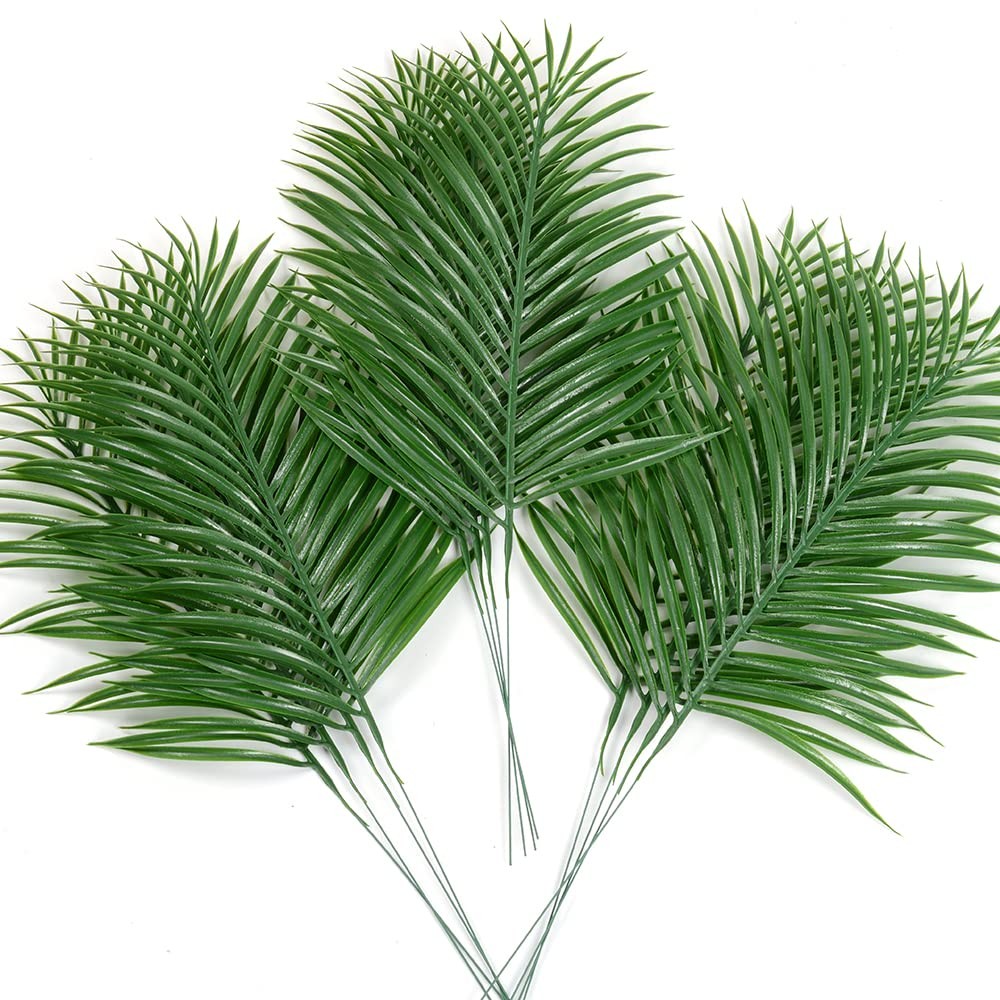 12 PCS Green Artificial Palm Leaves, Tropical Plants, Faux Fake Fronds, Decor