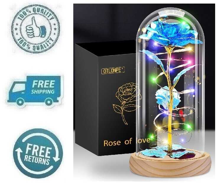 New Blue Butterfly Plastic Rose Led Glass Artificial Flower Dome Decor For Women