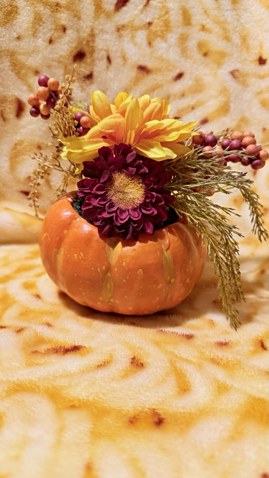 Artificial Fall Pumpkin Flower Arrangement Centerpiece, Orange Yellow Purple