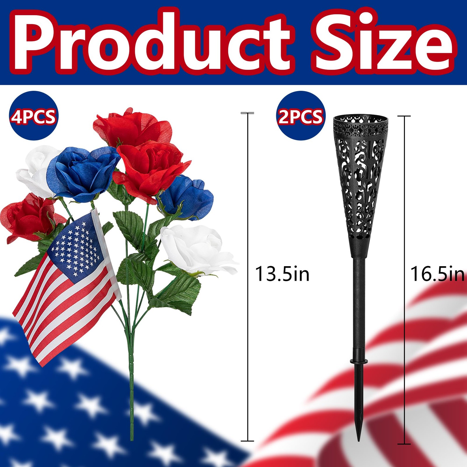 4 Bunches Memorial Day Artificial Flowers, Red Blue White Cemetery Flower wit…