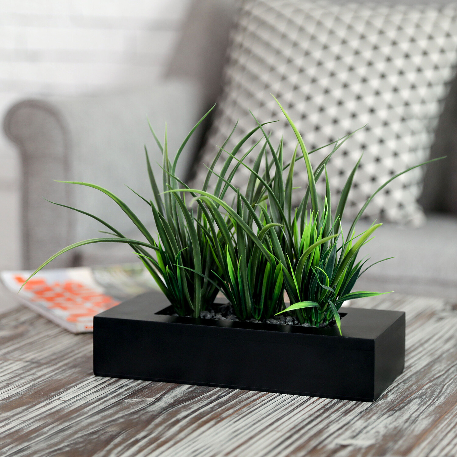 MyGift Artificial Green Grass Plants in Black Wood Rectangular Planter Pot