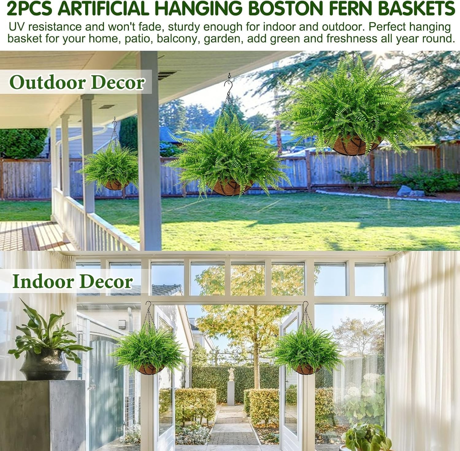 Low Maintenance Artificial Boston Fern Baskets – Elegant Indoor/Outdoor Greenery