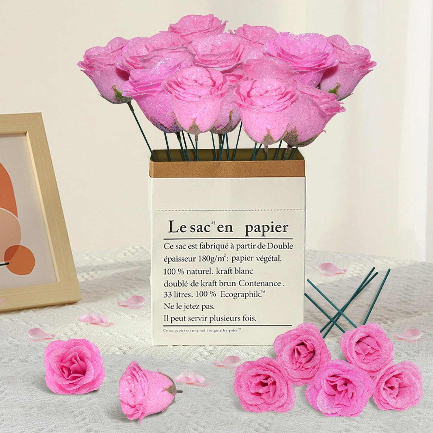 Pink Glitter Roses Bouquet, 24 Pcs Shiny Glitter Flowers Bouquet, Everlasting Ar