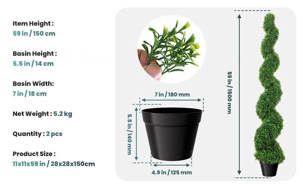 2-Pack Artificial Boxwood Spiral Trees 5 FT UV-Resistant Fake Plants w/ Pot