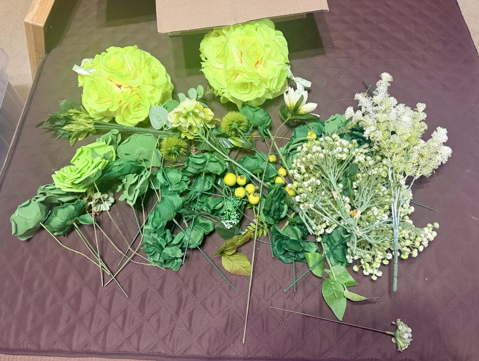 Large Lot / Box of Miscellaneous Artificial Silk Flowers – Bright Green Shades