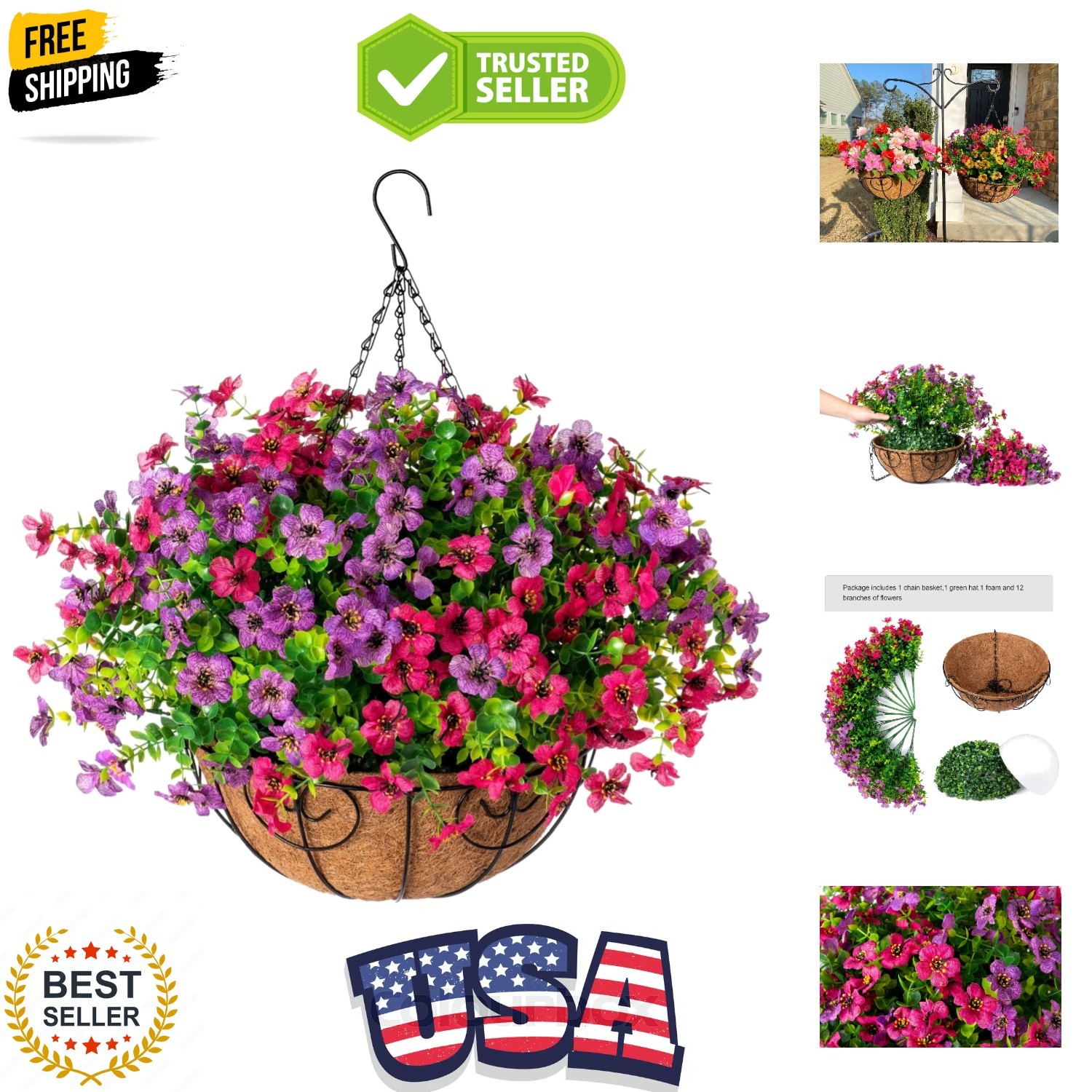 Artificial Faux Hanging Plants Flowers Basket for Spring Summer Outdoor Outsi…