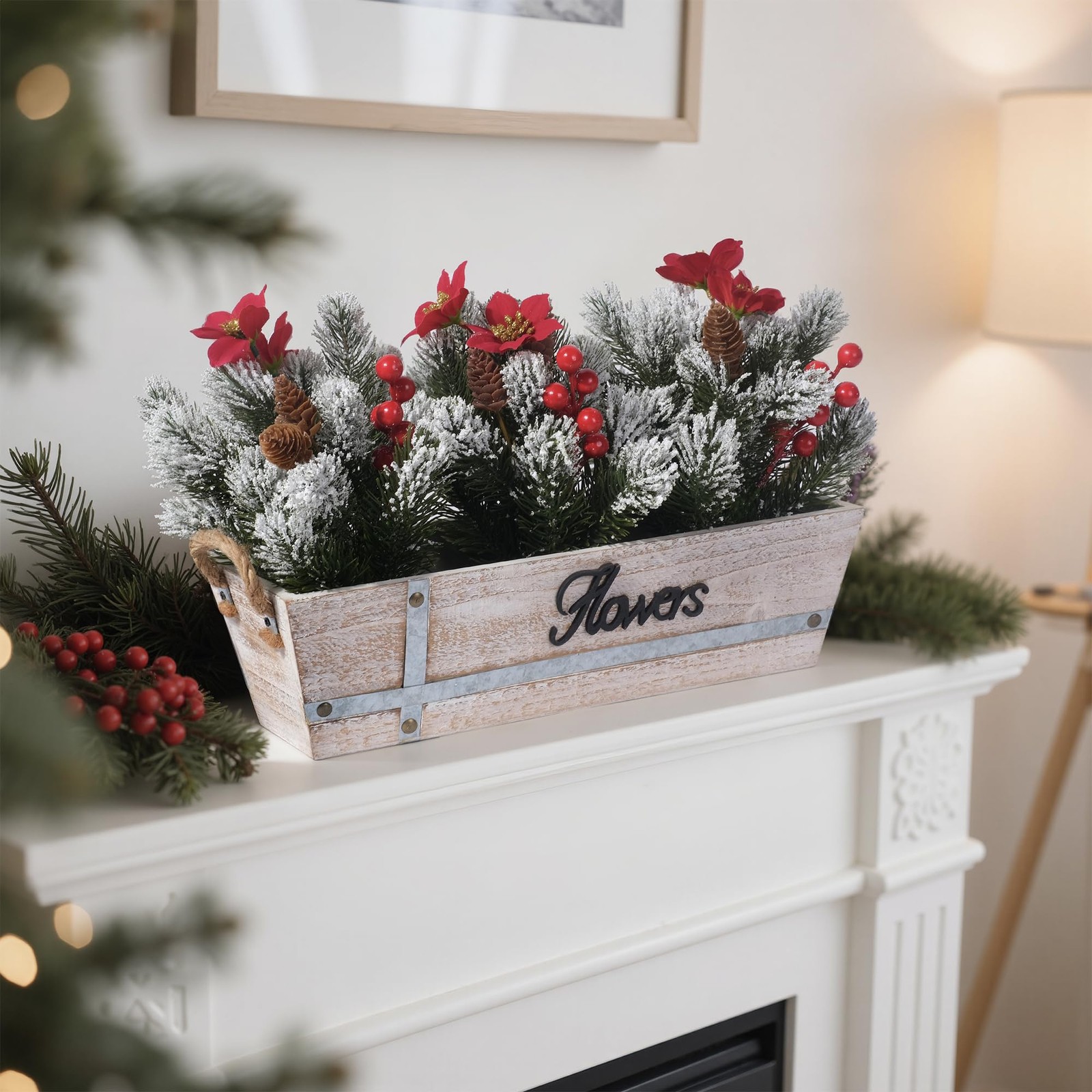 Artificial Christmas Centerpiece with Snowy Norfolk Pine Garland, Poinsettias…