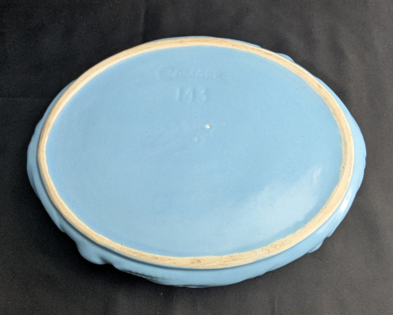 Vtg Camark Art Pottery Blue Shallow Bowl Planter & Bird Flower Frog Set (S4)