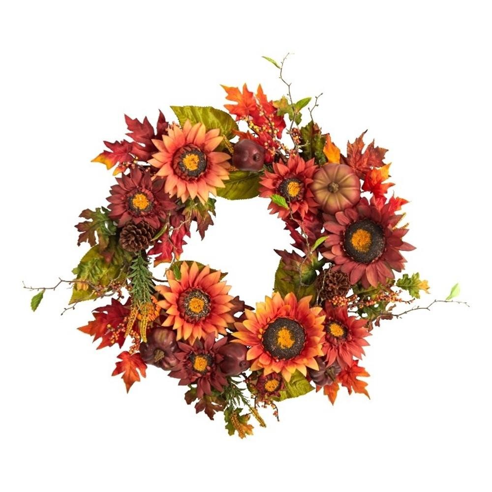 24″ Autumn Sunflower/Pumpkin/Pinecone and Berries Fall Artificial Wreath Orange