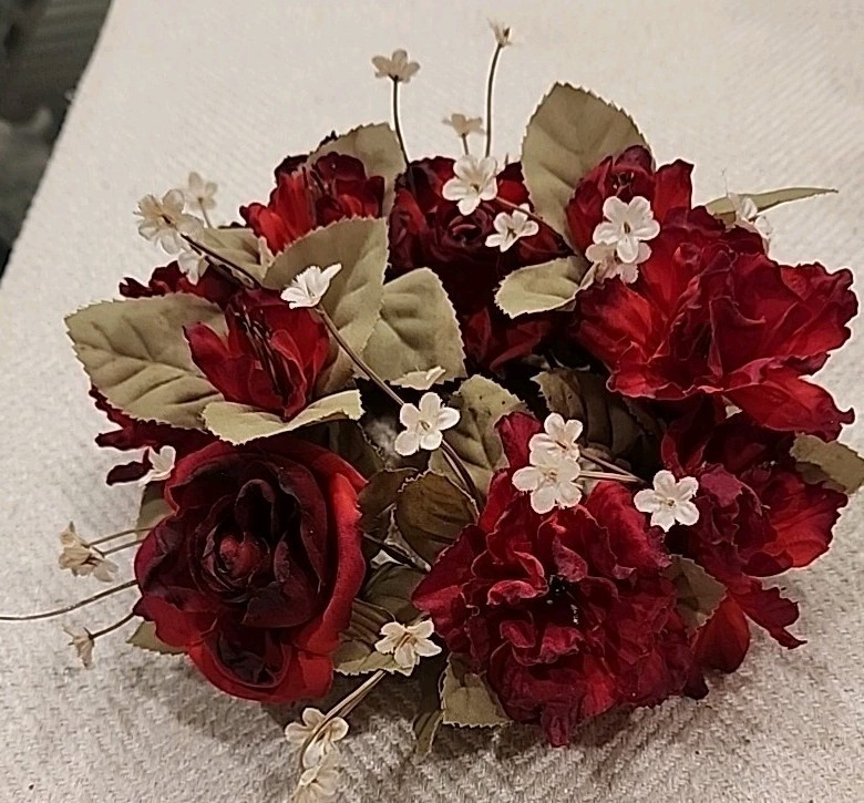 Vintage Artificial Flower Candle Ring Wreath ~ Red Roses Multi & White Flowers