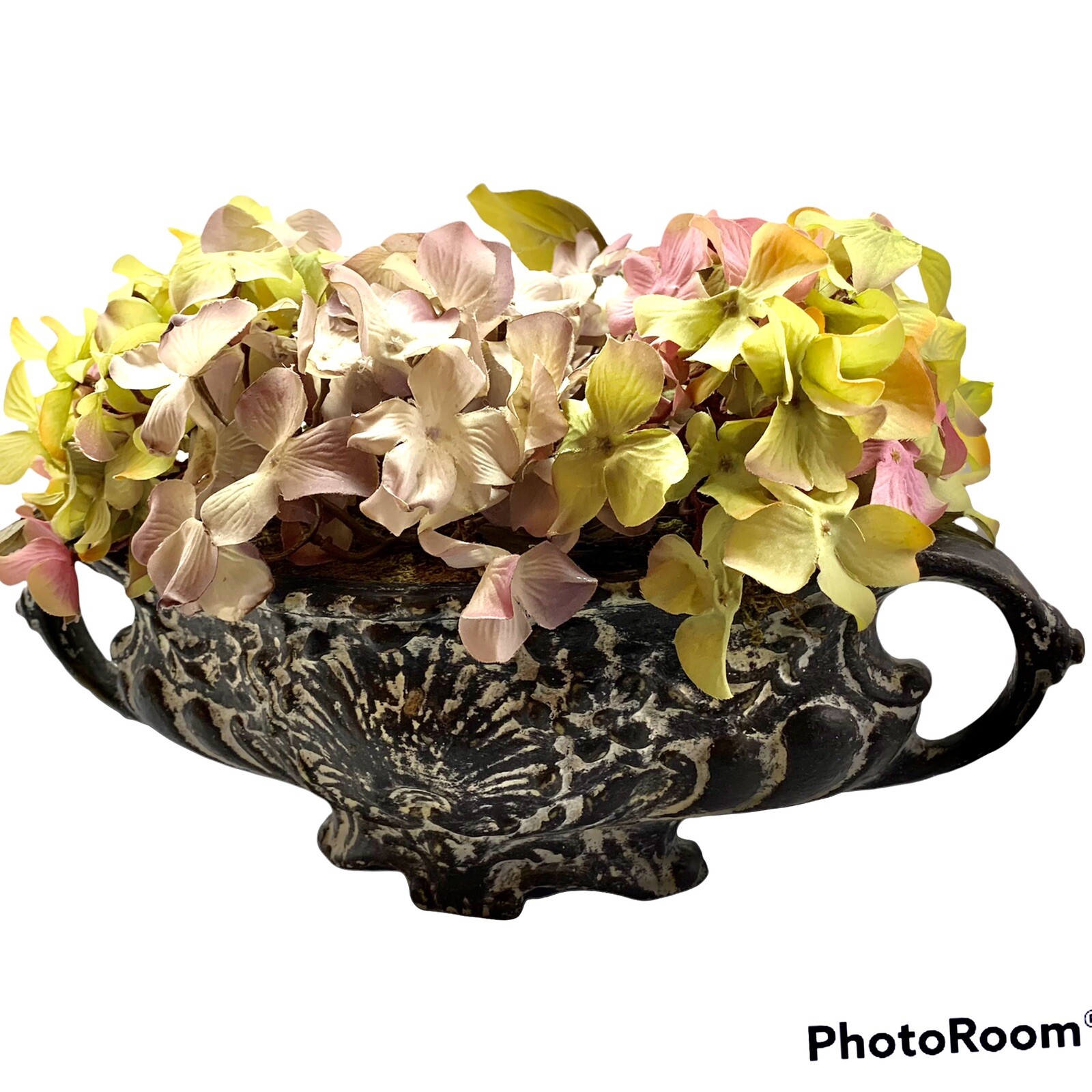 Faux Hydrangas Distressed Italianate Resin Urn 16x9x8”