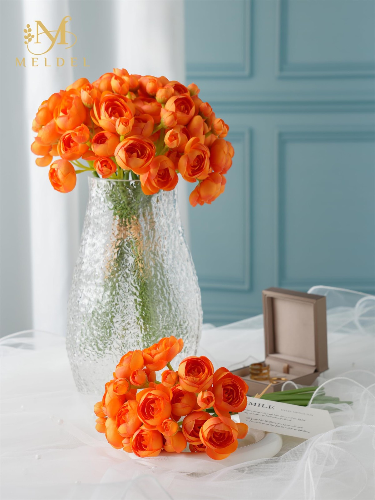 32 PCS Ranunculus Artificial Flower Faux Silk Mini Orange DIY Bouquet Peony